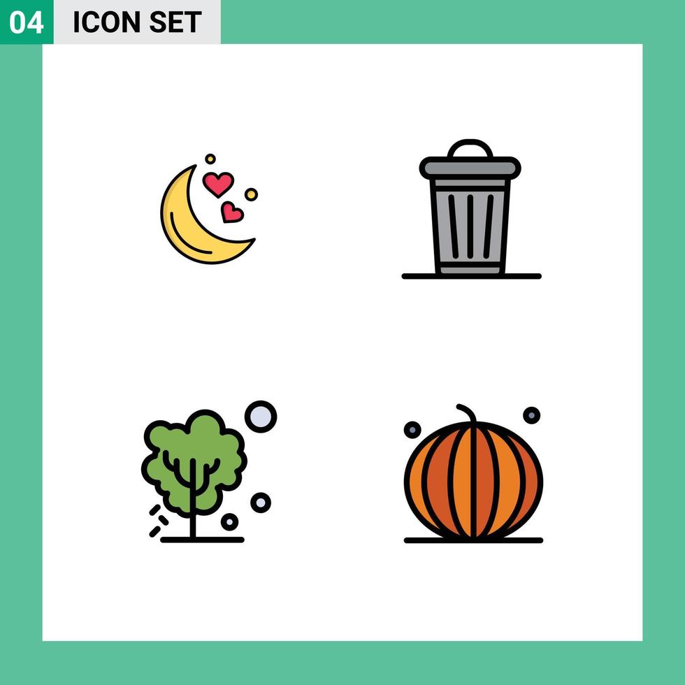 4 User Interface Filledline Flat Color Pack of modern Signs and Symbols of moon global romantic night power tree Editable Vector Design Elements