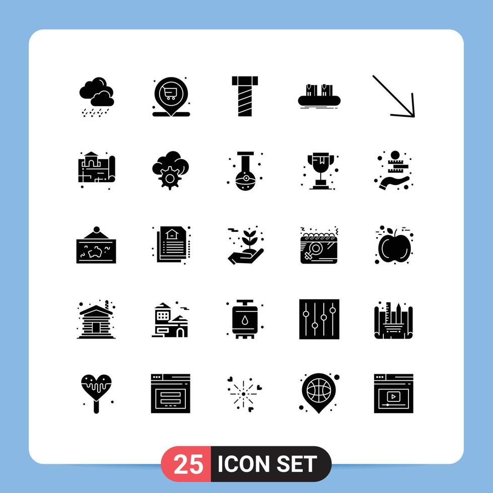 Pack of 25 creative Solid Glyphs of estate right screw arrow factory Editable Vector Design Elements