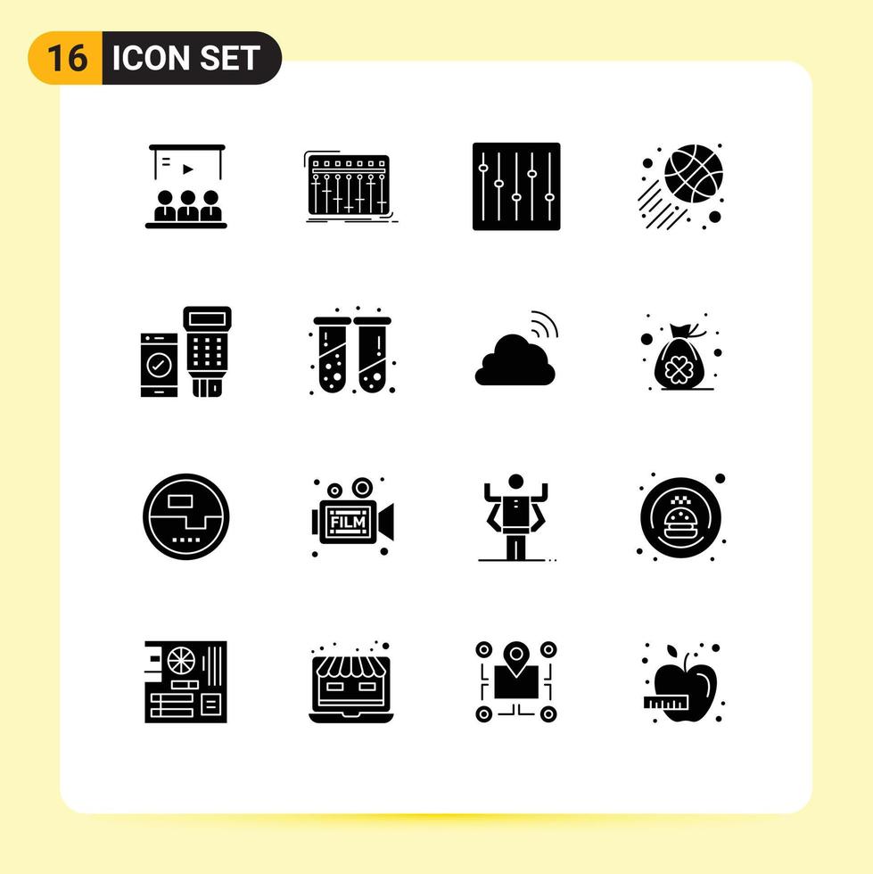 Solid Glyph Pack of 16 Universal Symbols of code sports music basketball ball dj Editable Vector Design Elements