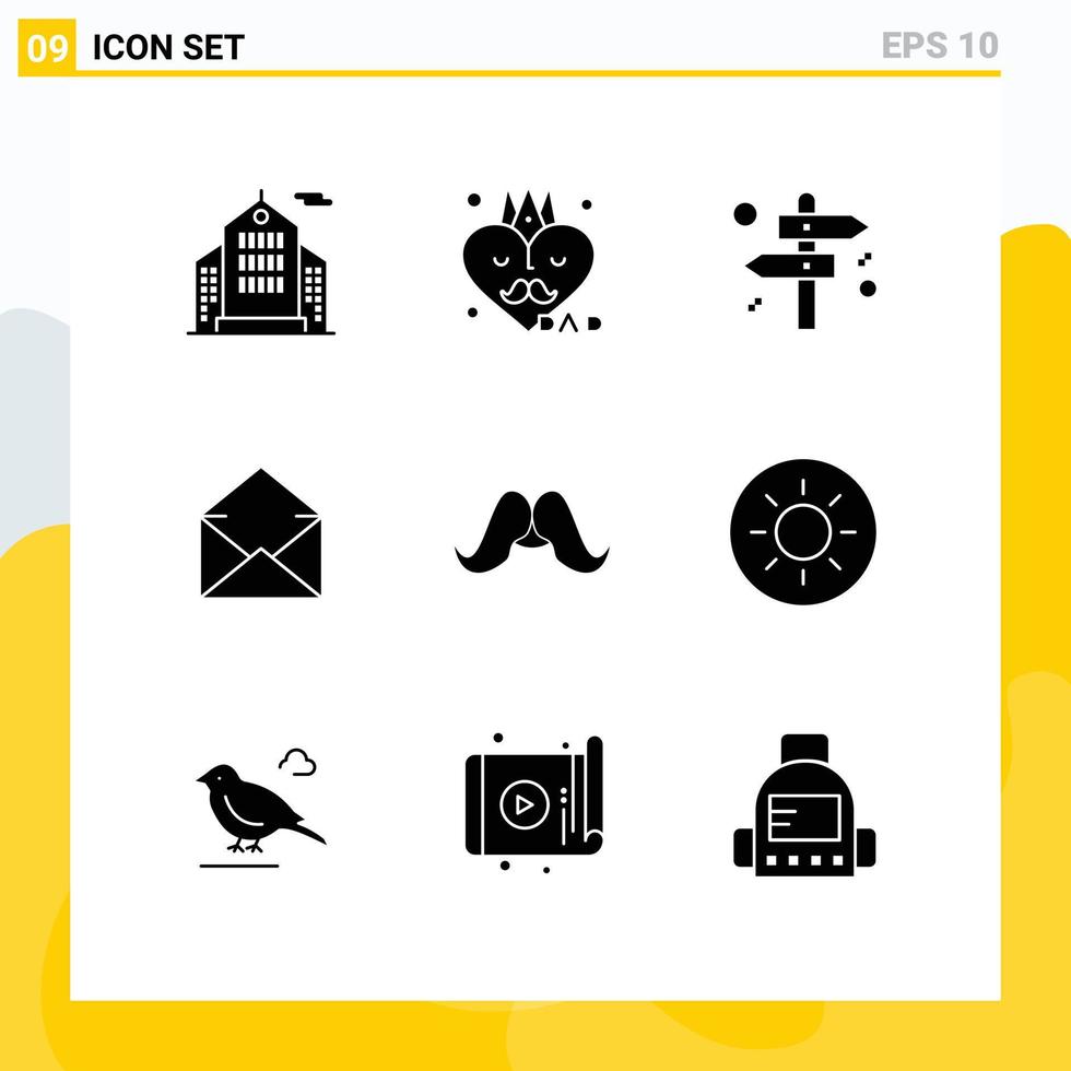 Mobile Interface Solid Glyph Set of 9 Pictograms of male hipster decision moustache message Editable Vector Design Elements
