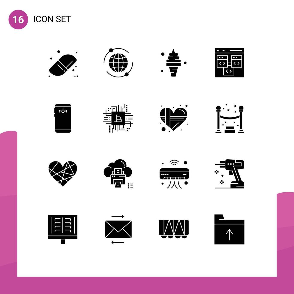 16 User Interface Solid Glyph Pack of modern Signs and Symbols of smart phone development food develop browser Editable Vector Design Elements
