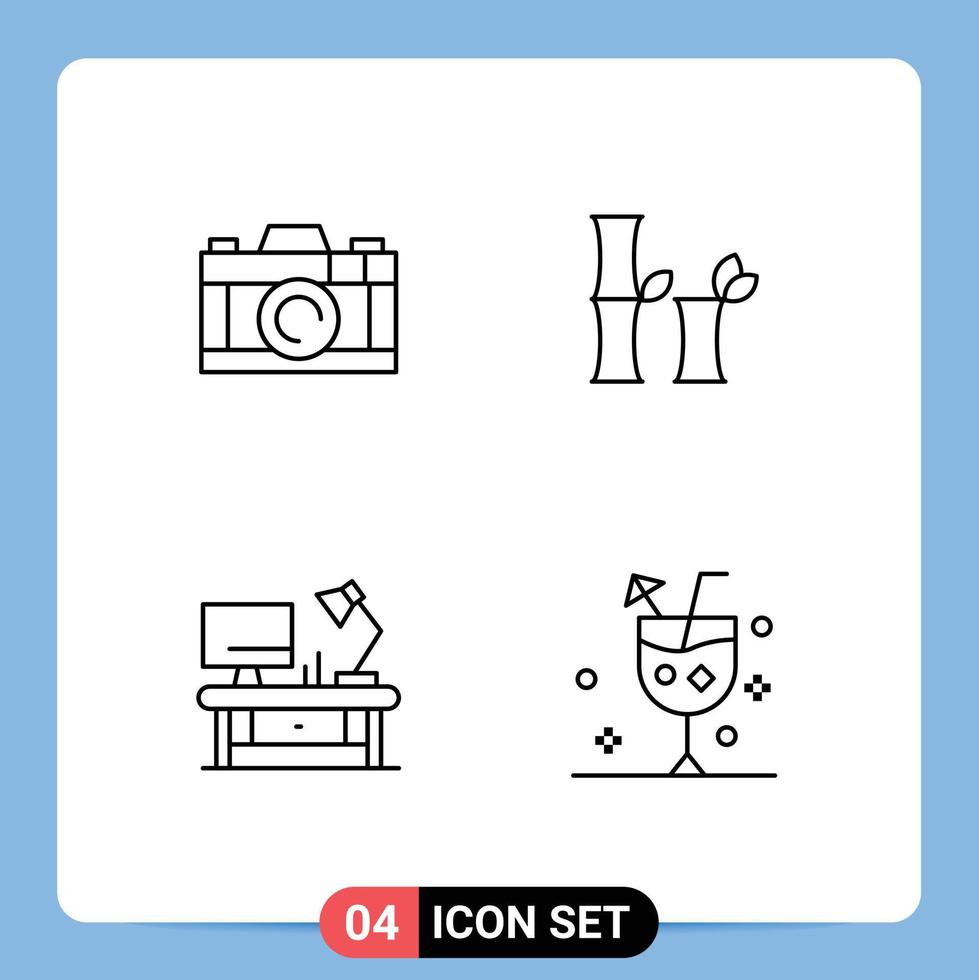 Line Pack of 4 Universal Symbols of camera business bamboo table lamp beverage Editable Vector Design Elements