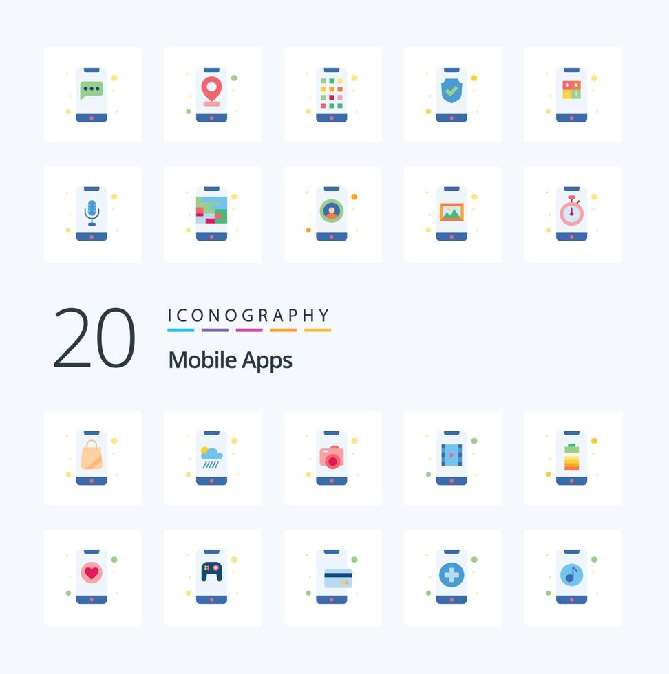 20 Mobile Apps Flat Color icon Pack like full app camera video streaming video app vector