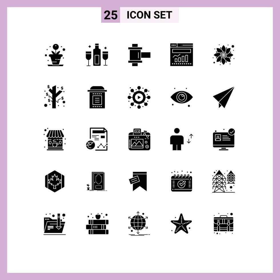 25 Thematic Vector Solid Glyphs and Editable Symbols of rangoli decoration film web graph Editable Vector Design Elements