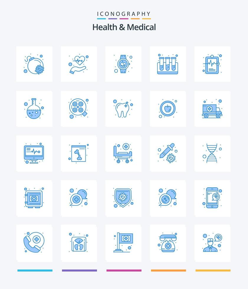 Creative Health And Medical 25 Blue icon pack  Such As hospital chart. test tubes. beat. test. smart watch vector