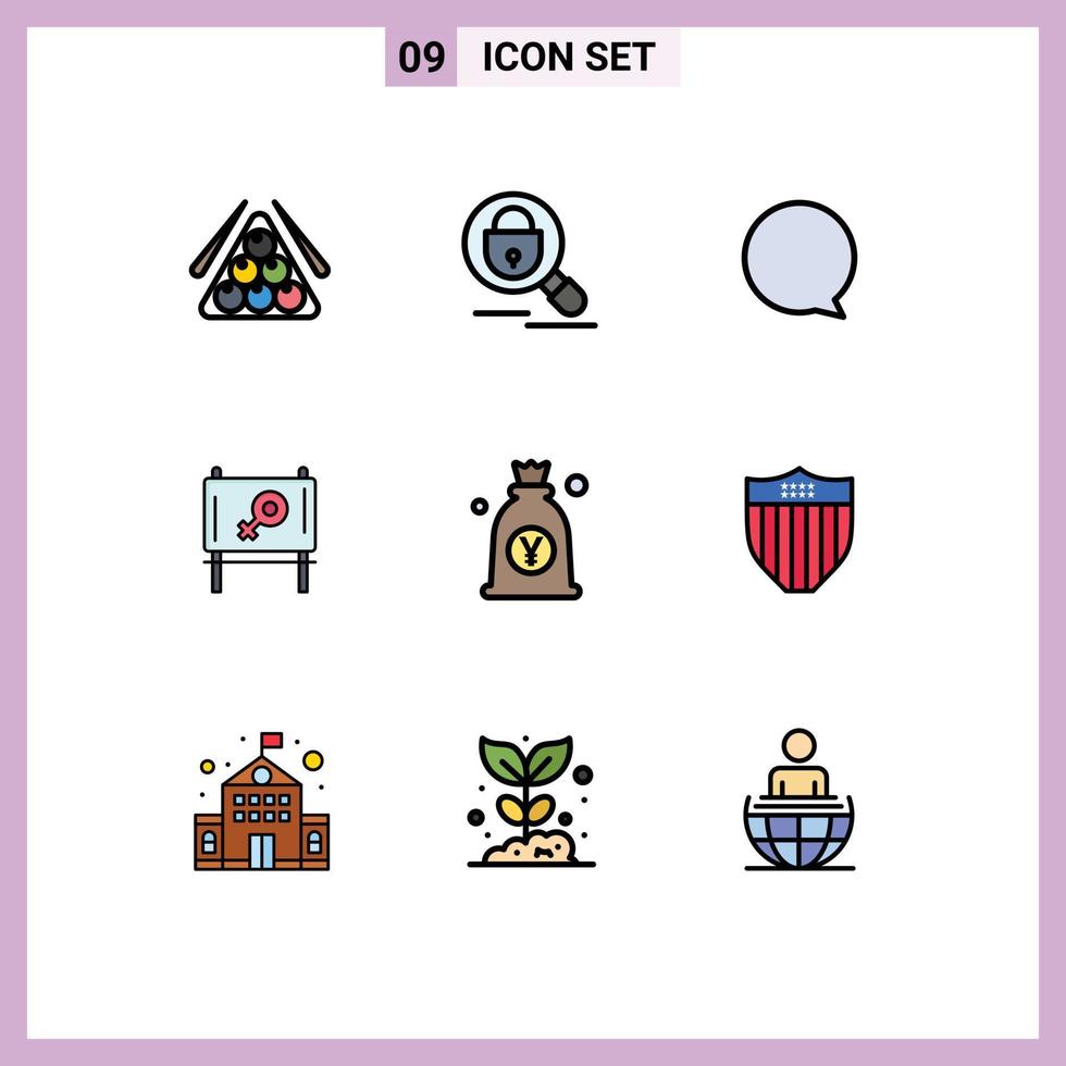 Group of 9 Filledline Flat Colors Signs and Symbols for japanese yen internet message board Editable Vector Design Elements