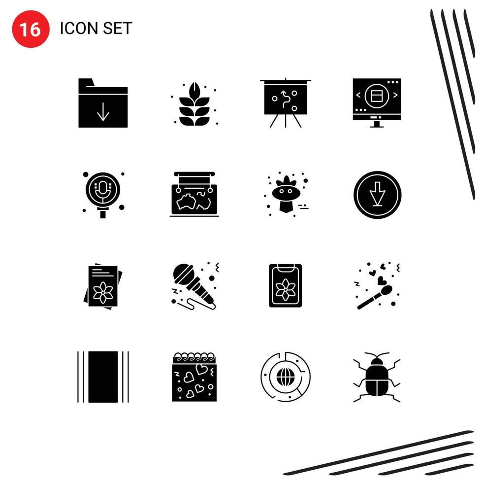 Universal Icon Symbols Group of 16 Modern Solid Glyphs of pack microphone strategy search shopping Editable Vector Design Elements