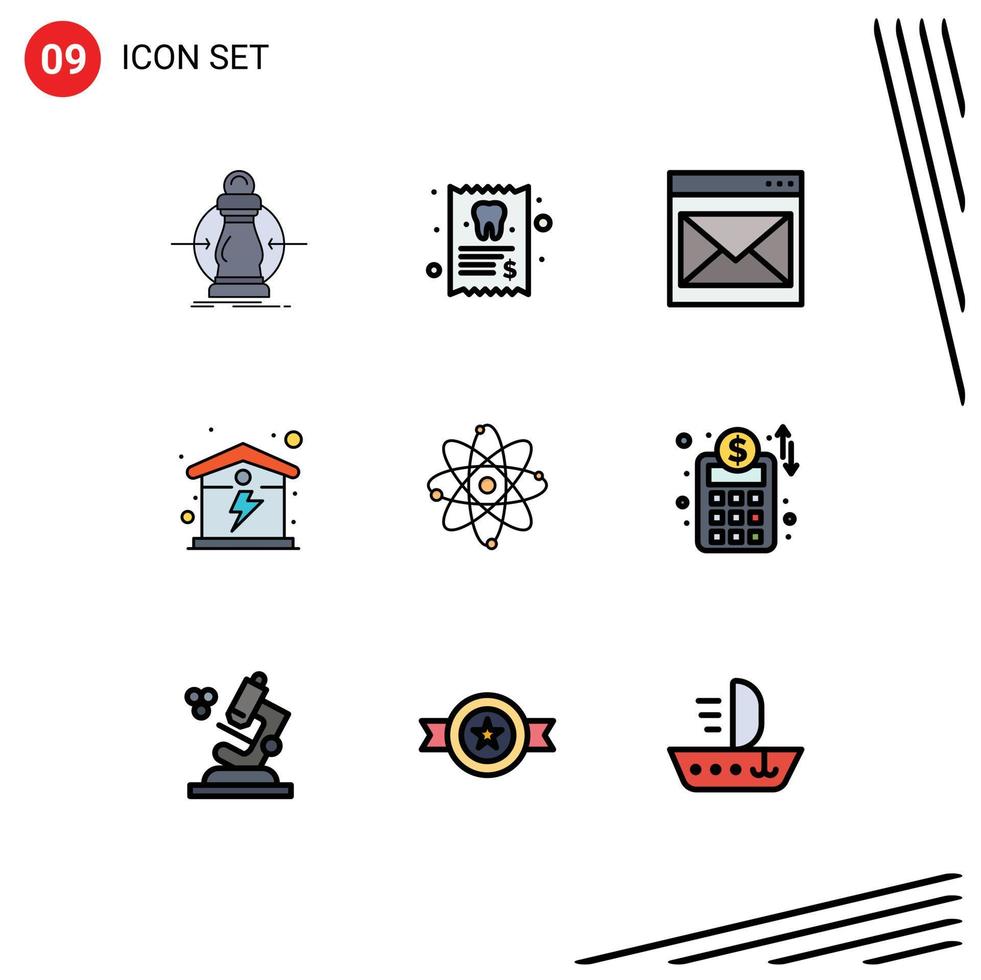 9 User Interface Filledline Flat Color Pack of modern Signs and Symbols of energy home tooth electric email Editable Vector Design Elements