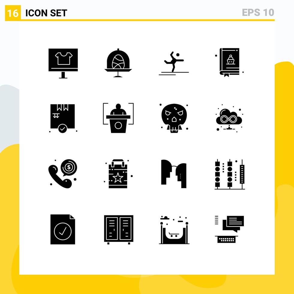 16 Thematic Vector Solid Glyphs and Editable Symbols of box book easter food stretching Editable Vector Design Elements