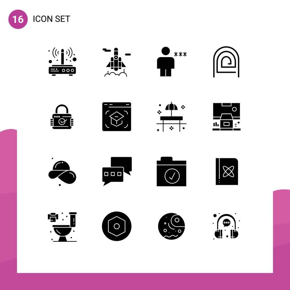 Pack of 16 Modern Solid Glyphs Signs and Symbols for Web Print Media such as reader password avatar fingerprint locked Editable Vector Design Elements