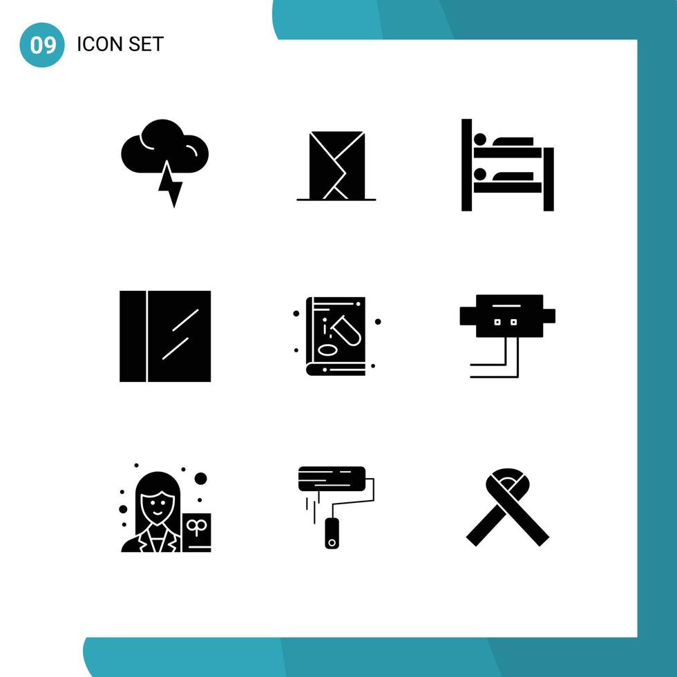 Group of 9 Modern Solid Glyphs Set for experiment chemistry bed chemical drug Editable Vector Design Elements