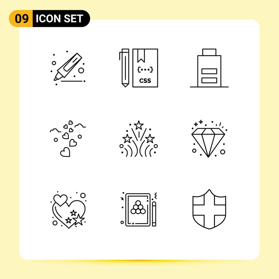 Editable Vector Line Pack of 9 Simple Outlines of firework wedding battery loving hearts Editable Vector Design Elements