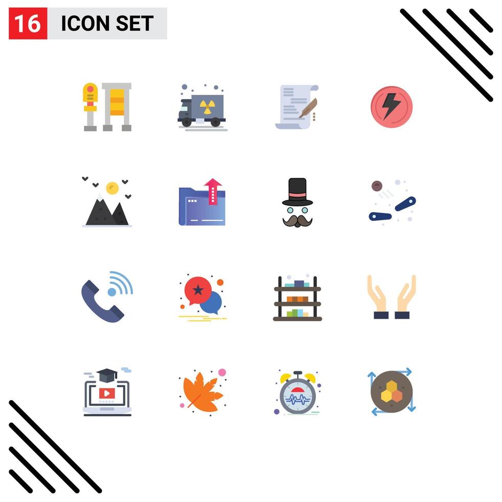 Universal Icon Symbols Group of 16 Modern Flat Colors of landscape hiking business power voltage Editable Pack of Creative Vector Design Elements