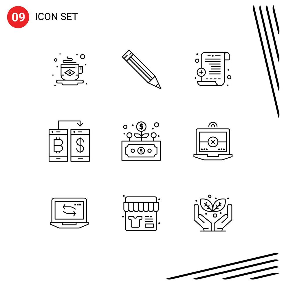 Set of 9 Modern UI Icons Symbols Signs for grow development prescription business transection Editable Vector Design Elements