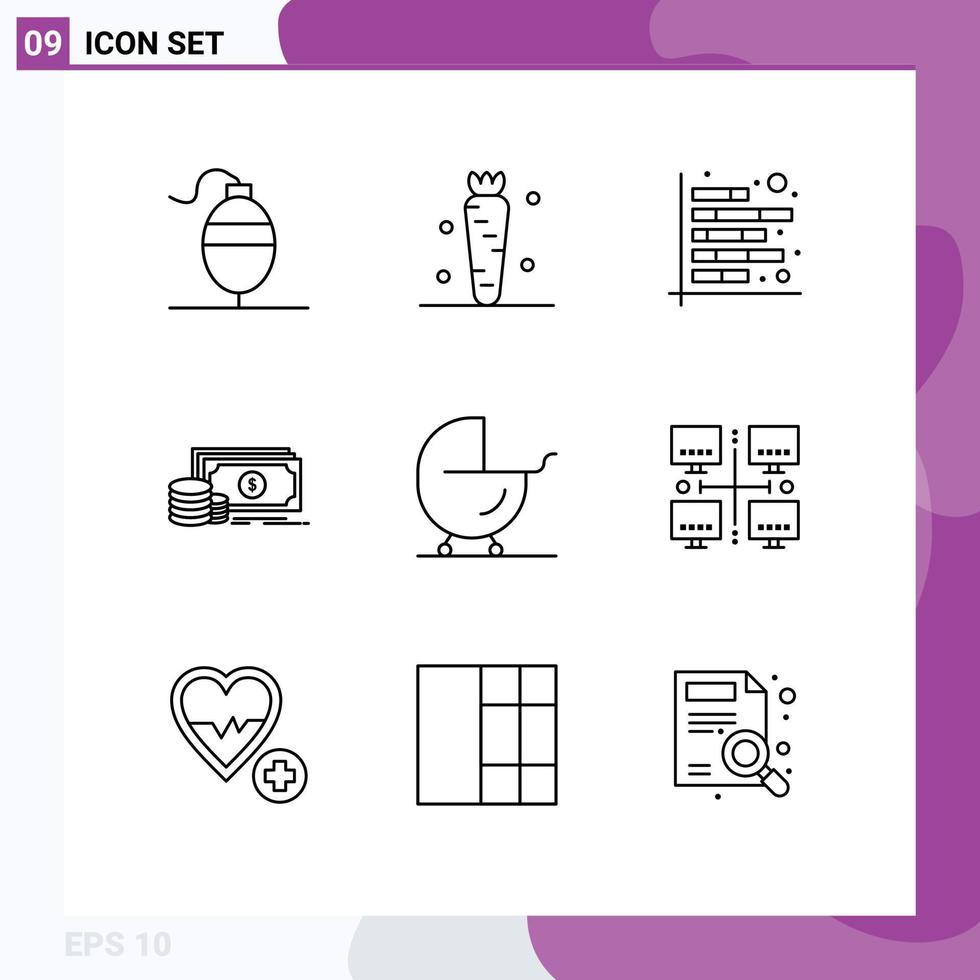 Group of 9 Modern Outlines Set for baby payment analysis investment report Editable Vector Design Elements