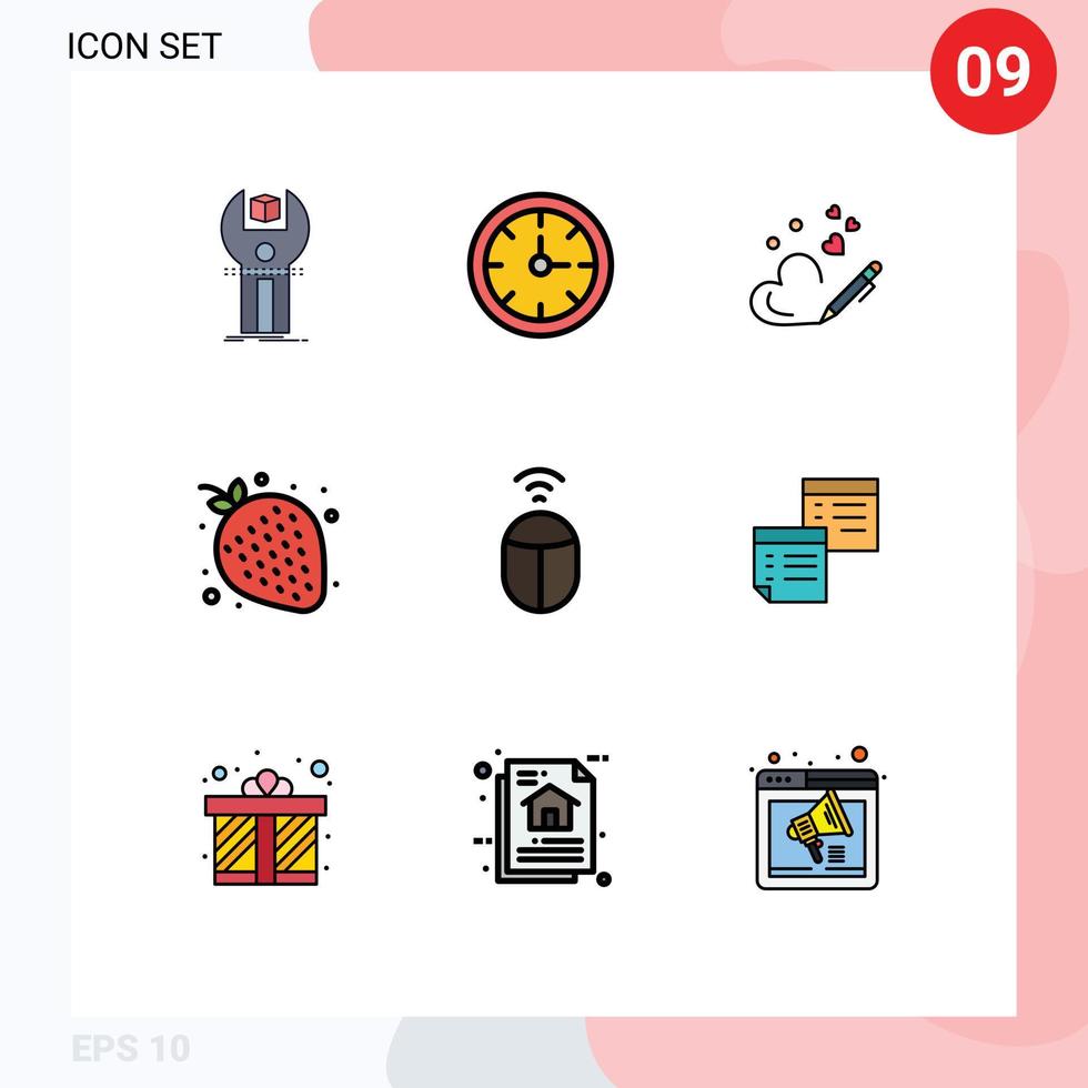 9 Universal Filledline Flat Colors Set for Web and Mobile Applications mouse sweet time strawberry wedding Editable Vector Design Elements