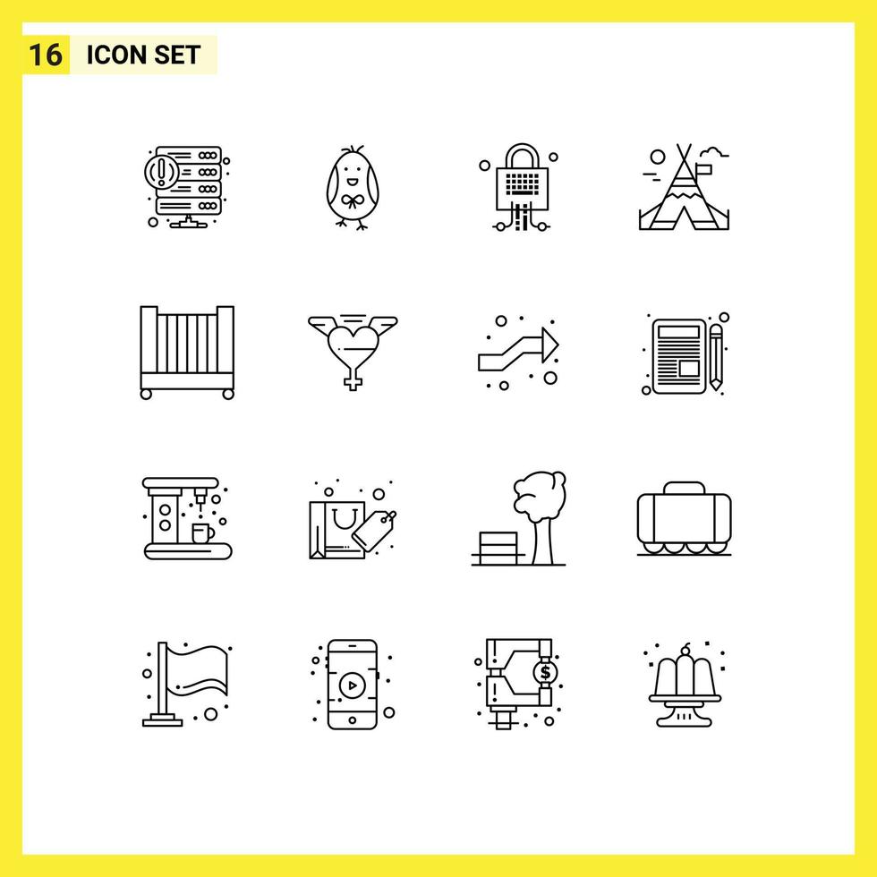 Group of 16 Modern Outlines Set for child canada happy camp technology Editable Vector Design Elements