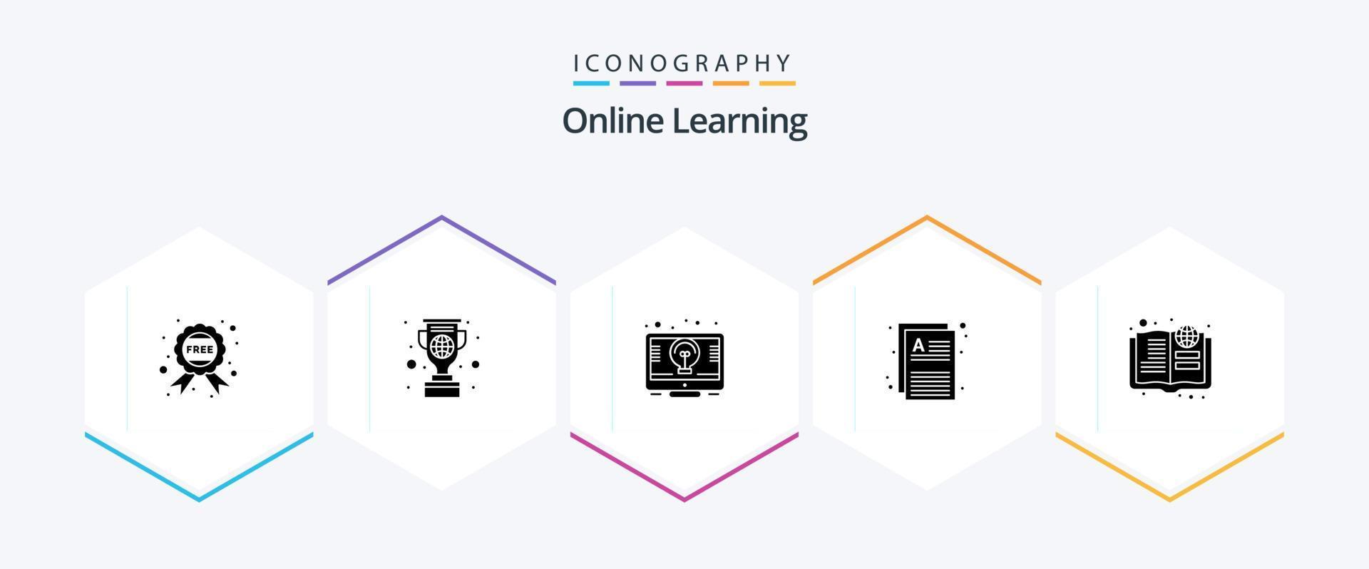 Online Learning 25 Glyph icon pack including education. pages. bulb. notes. documents vector