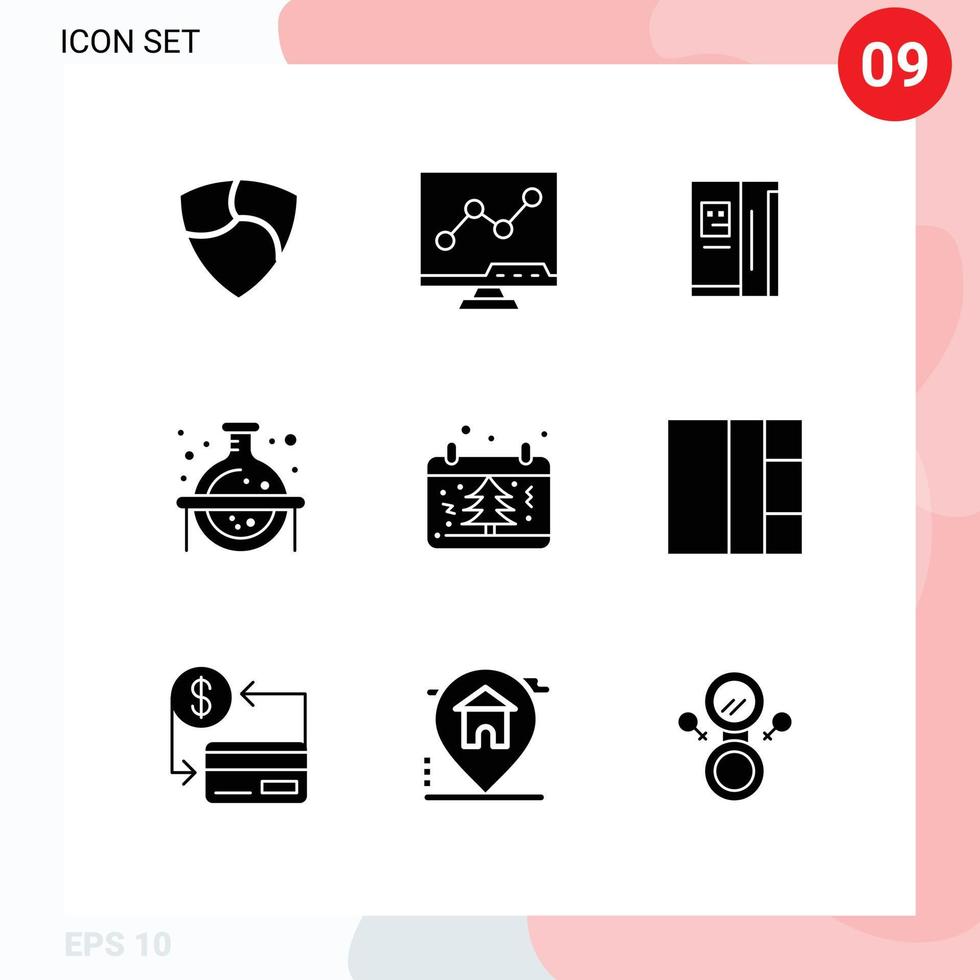 Pack of 9 Modern Solid Glyphs Signs and Symbols for Web Print Media such as date study fridge science chemical Editable Vector Design Elements