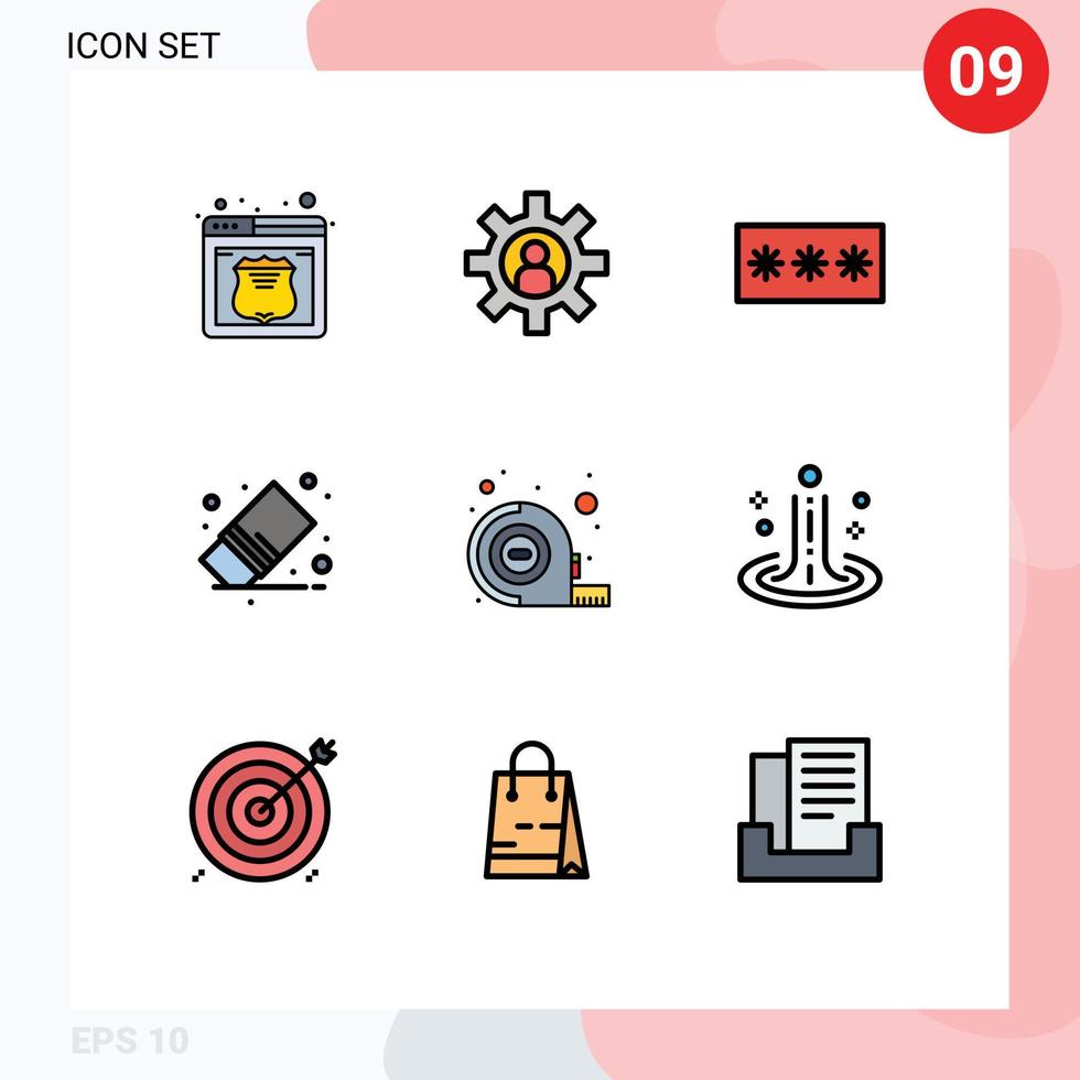 Modern Set of 9 Filledline Flat Colors and symbols such as stationery remove code eraser pin Editable Vector Design Elements