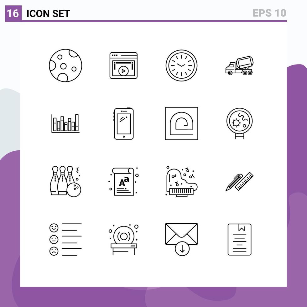 Group of 16 Outlines Signs and Symbols for line roller clock vehicle cement Editable Vector Design Elements
