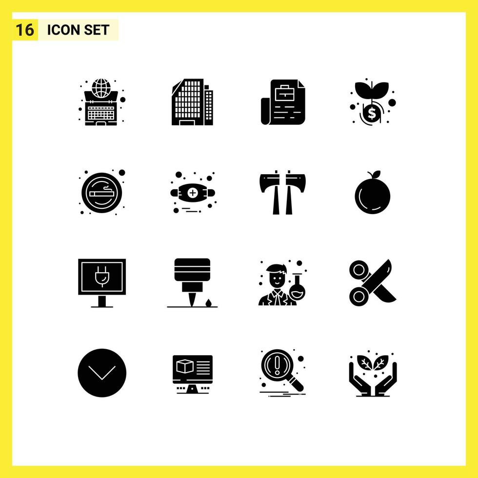 16 Thematic Vector Solid Glyphs and Editable Symbols of sign cigarette document investment dollar Editable Vector Design Elements