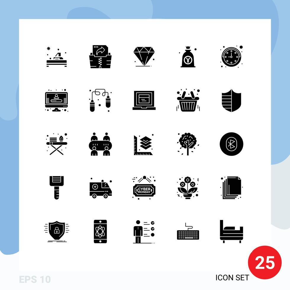 Editable Vector Line Pack of 25 Simple Solid Glyphs of watch clock jewl bag japanese Editable Vector Design Elements