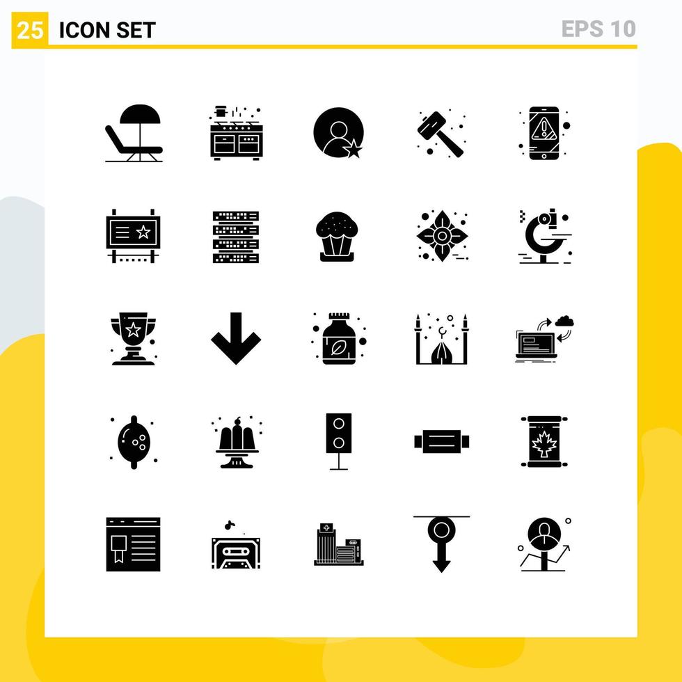 Modern Set of 25 Solid Glyphs and symbols such as error watch kit rating smash mallet Editable Vector Design Elements