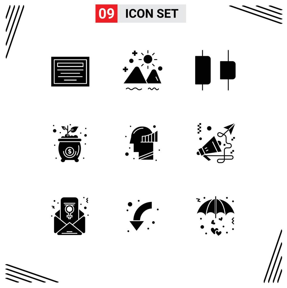Pack of 9 creative Solid Glyphs of mind chart center money cost Editable Vector Design Elements