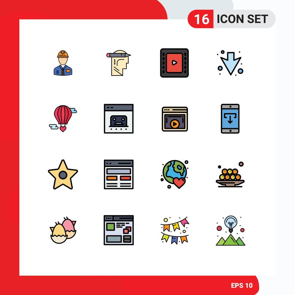 16 User Interface Flat Color Filled Line Pack of modern Signs and Symbols of flying baloon full thinking down cinematography Editable Creative Vector Design Elements