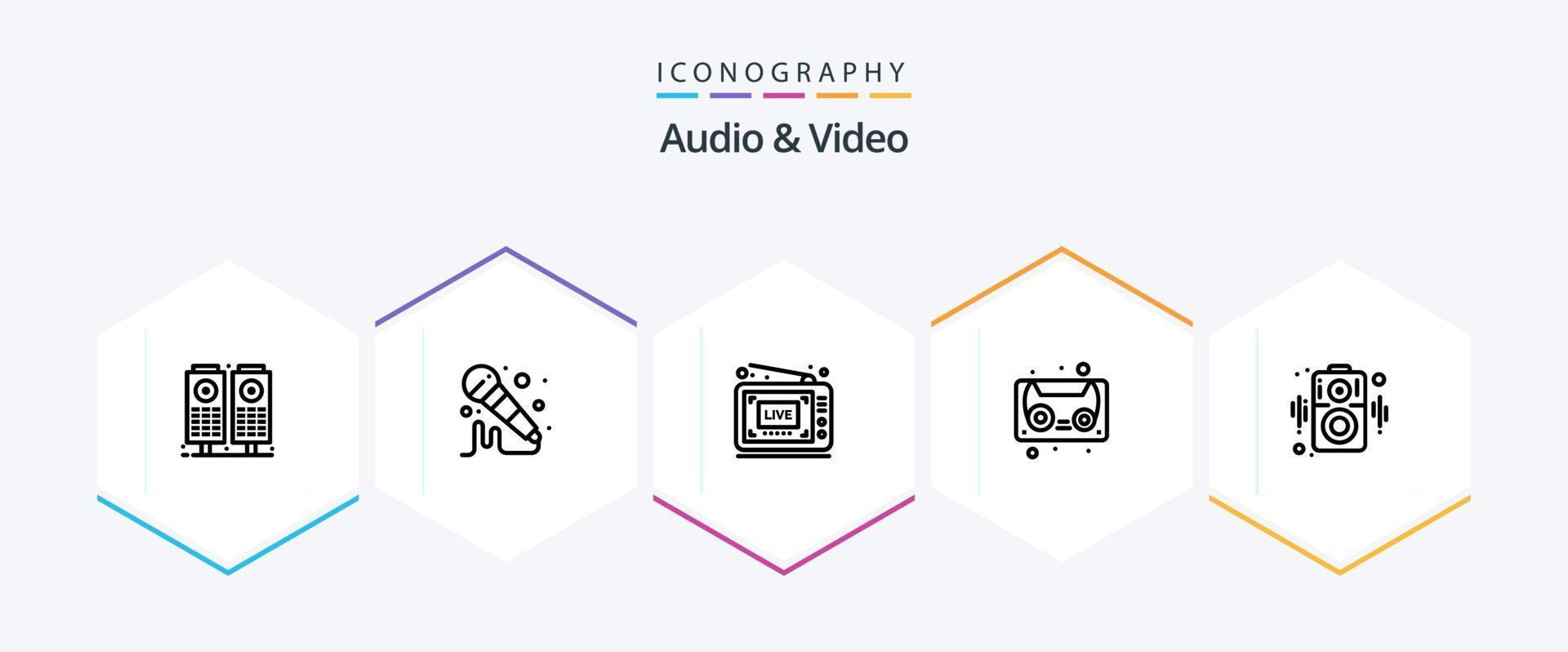 Audio And Video 25 Line icon pack including . speaker. show. loudspeaker. cassette tape vector