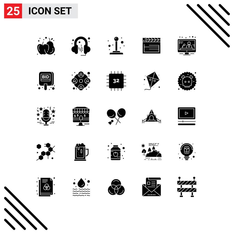 25 User Interface Solid Glyph Pack of modern Signs and Symbols of bid news switch media video Editable Vector Design Elements