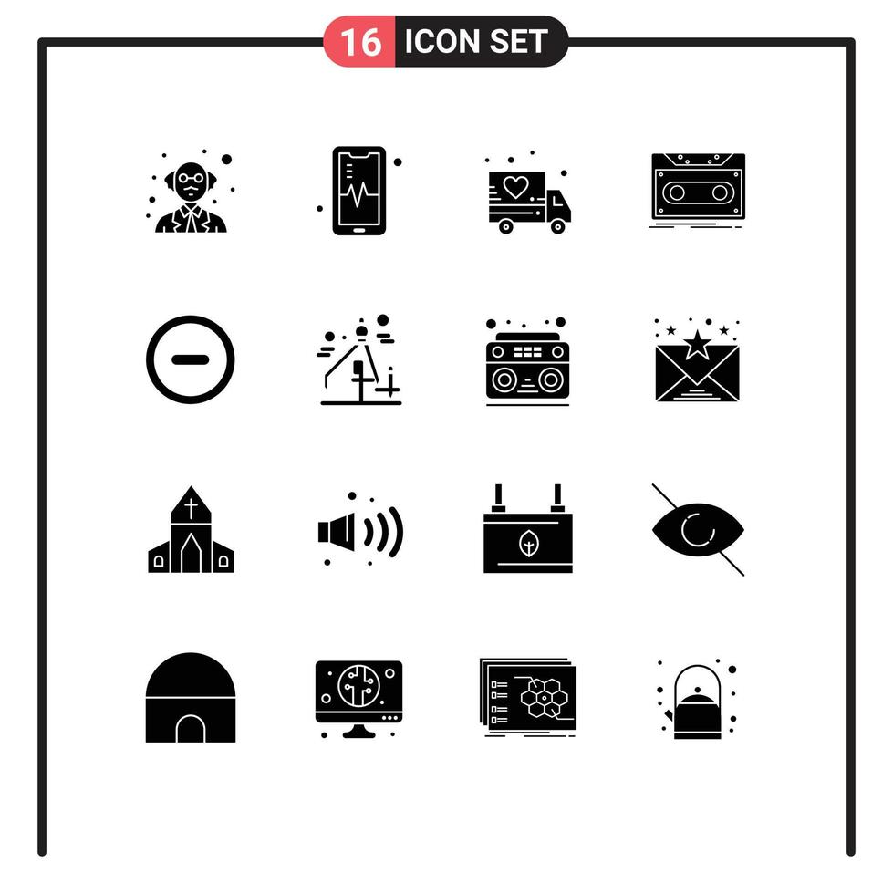 Group of 16 Modern Solid Glyphs Set for design minus transport interface tape Editable Vector Design Elements