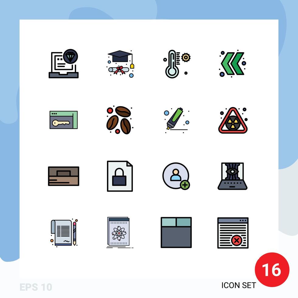 Pack of 16 Modern Flat Color Filled Lines Signs and Symbols for Web Print Media such as room security temperature browser chevron Editable Creative Vector Design Elements
