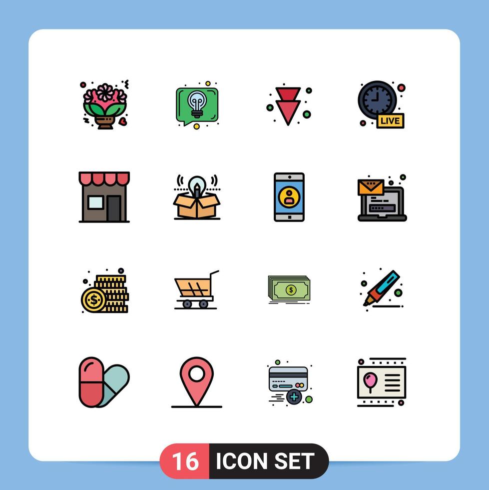 plano color lleno línea paquete de dieciséis universal símbolos de quiosco En Vivo actualizar hablar hora alarma editable creativo vector diseño elementos