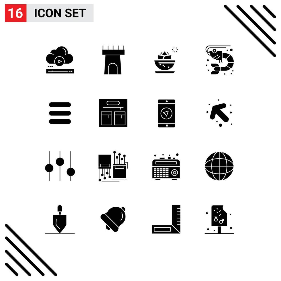 Modern Set of 16 Solid Glyphs and symbols such as list sea center food bowl Editable Vector Design Elements