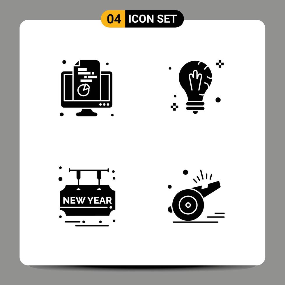 Mobile Interface Solid Glyph Set of 4 Pictograms of chart light pie bulb greetings Editable Vector Design Elements