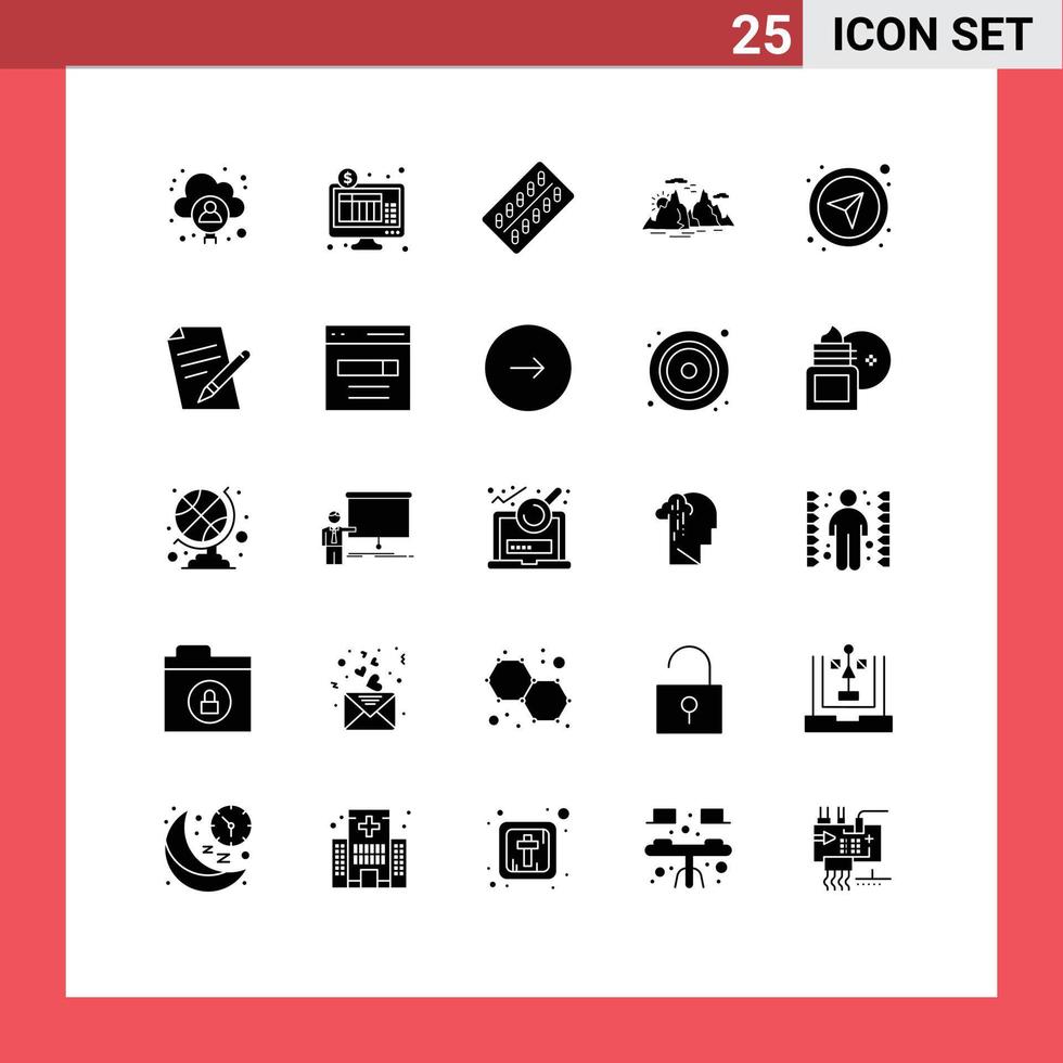 Pictogram Set of 25 Simple Solid Glyphs of sun landscape medicine hill packet Editable Vector Design Elements