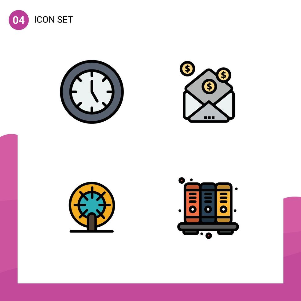 Pack of 4 Modern Filledline Flat Colors Signs and Symbols for Web Print Media such as clock wheel products investment ship Editable Vector Design Elements