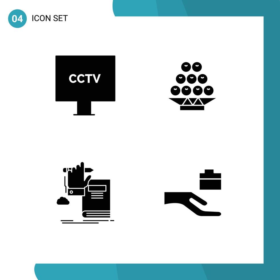 4 Universal Solid Glyphs Set for Web and Mobile Applications camera education surveillance fruit learning Editable Vector Design Elements