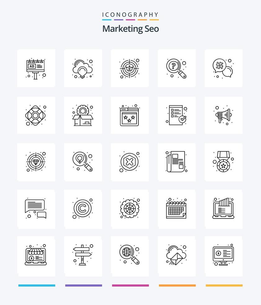 creativo márketing seo 25 contorno icono paquete tal como apoyo. pregunta. idea. ayuda. objetivo vector