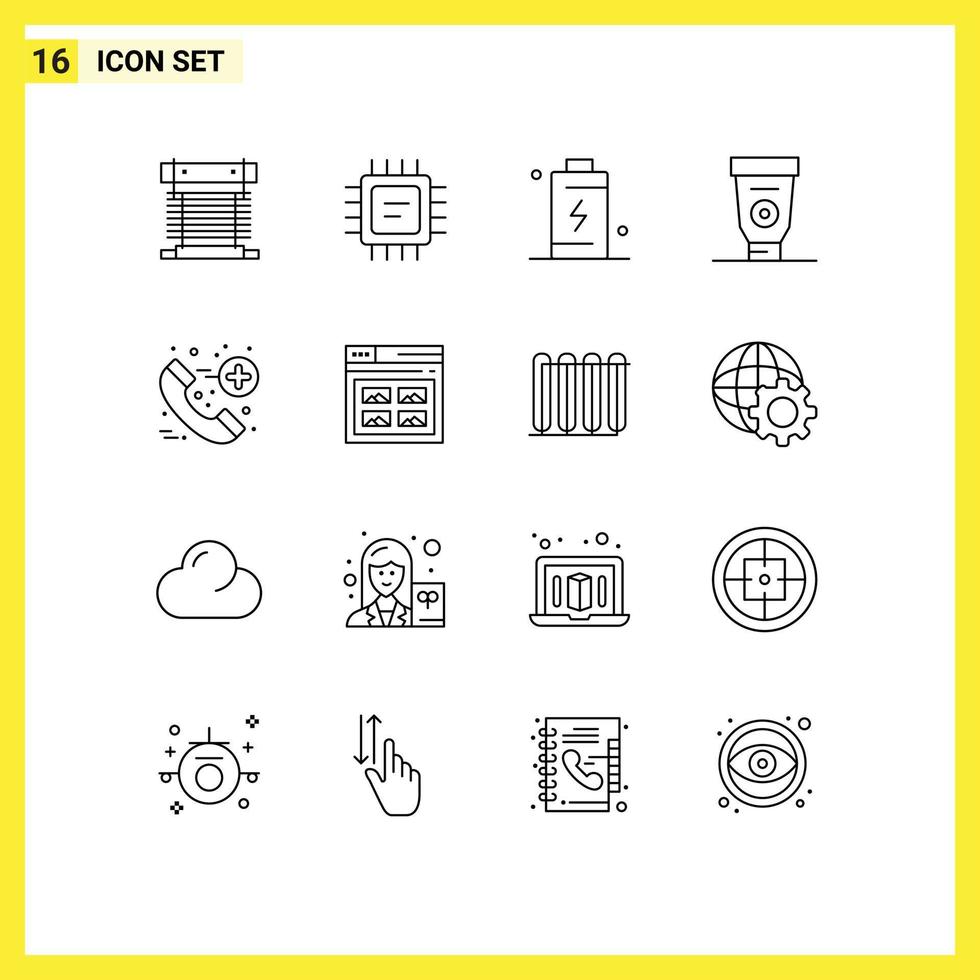 Group of 16 Outlines Signs and Symbols for call glue battery equipment energy Editable Vector Design Elements