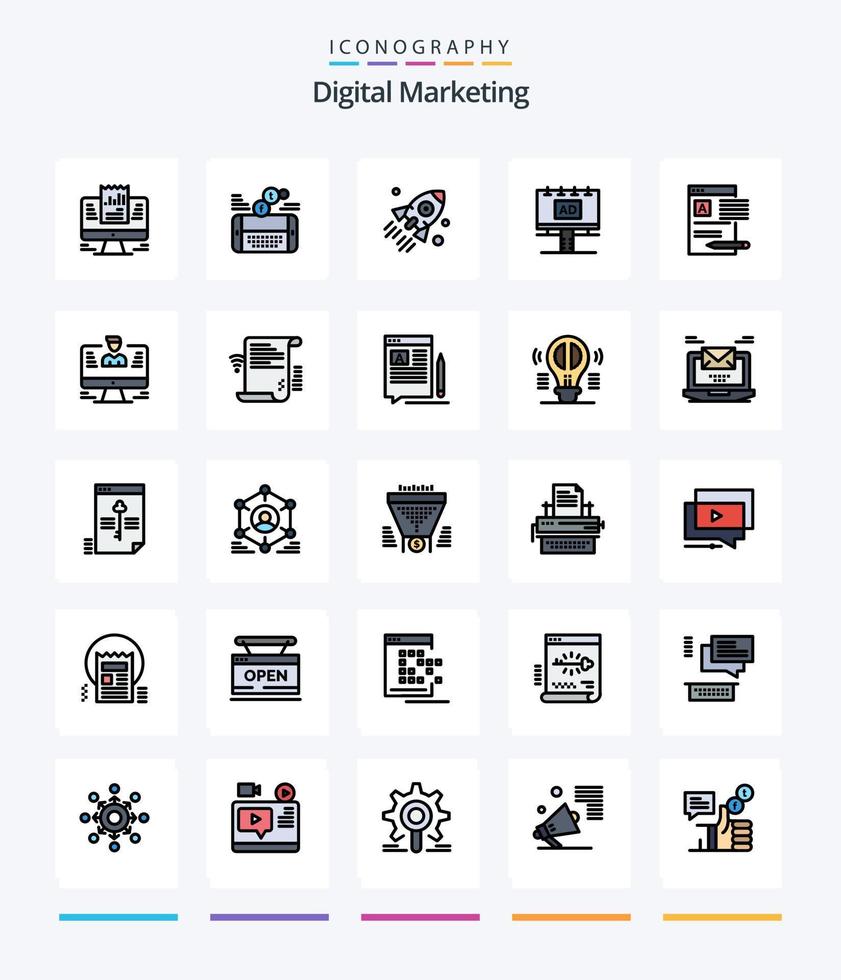 Creative Digital Marketing 25 Line FIlled icon pack  Such As banner. ad. facebook. project. business vector