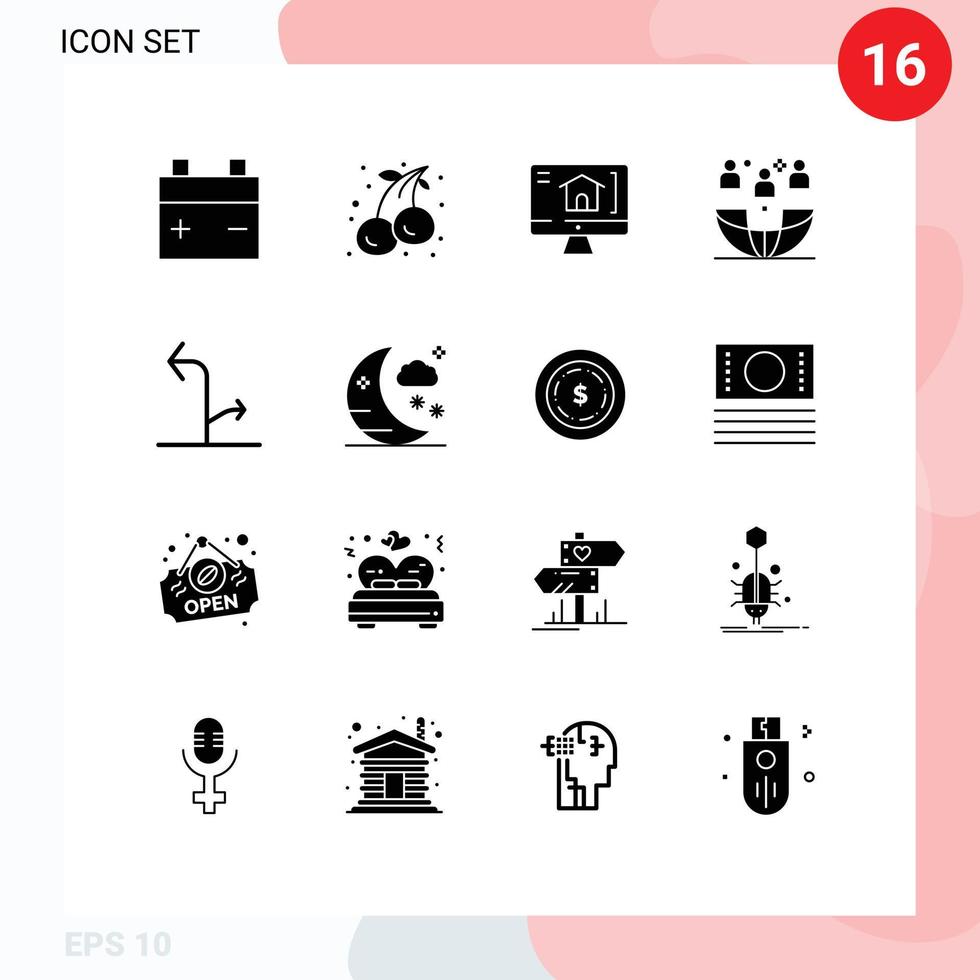 Group of 16 Modern Solid Glyphs Set for signs arrows home outsourcing international Editable Vector Design Elements