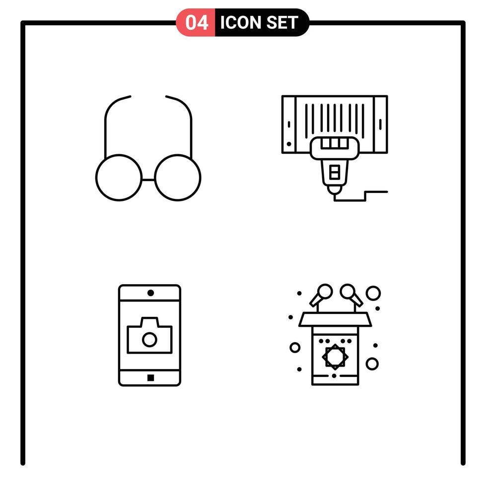 4 User Interface Line Pack of modern Signs and Symbols of glasses mobile barcode scan camera Editable Vector Design Elements