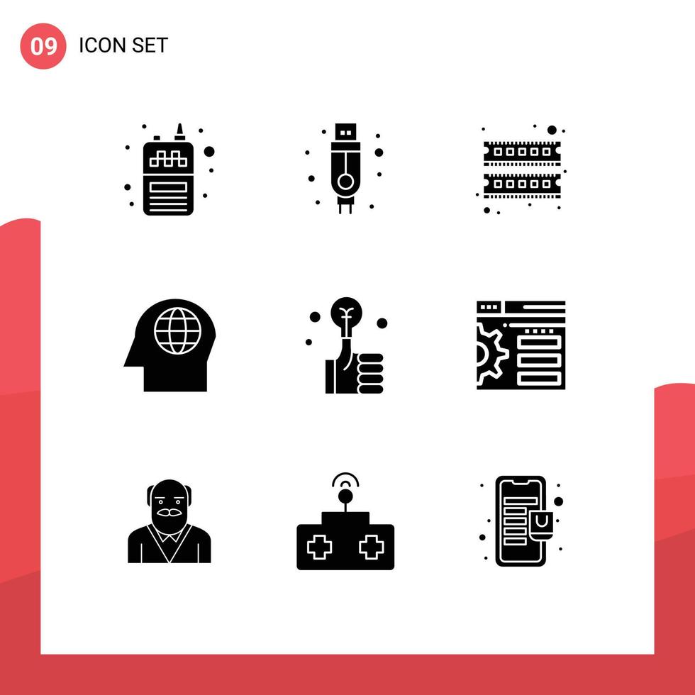 Mobile Interface Solid Glyph Set of 9 Pictograms of smart hand device bulb global Editable Vector Design Elements