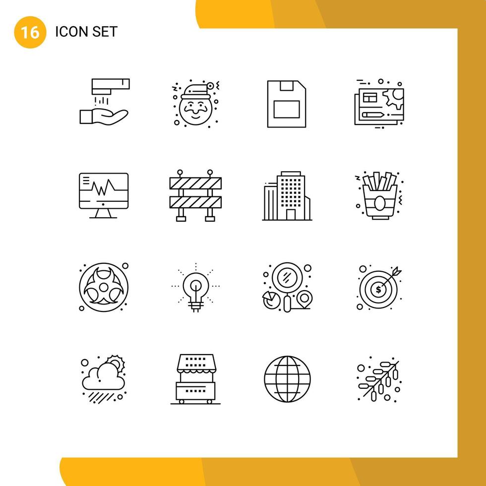 Group of 16 Modern Outlines Set for heart medical storage edit gear Editable Vector Design Elements