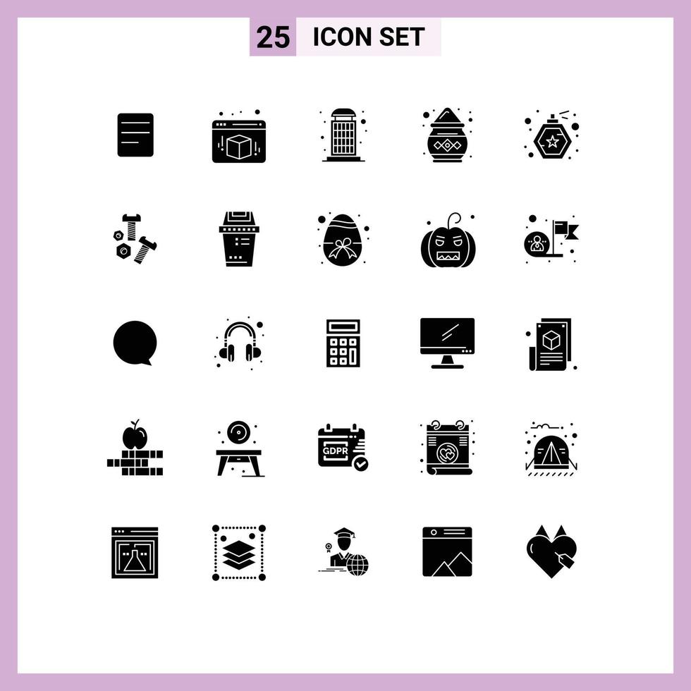 Universal Icon Symbols Group of 25 Modern Solid Glyphs of bolt perfume phone bottle pot Editable Vector Design Elements