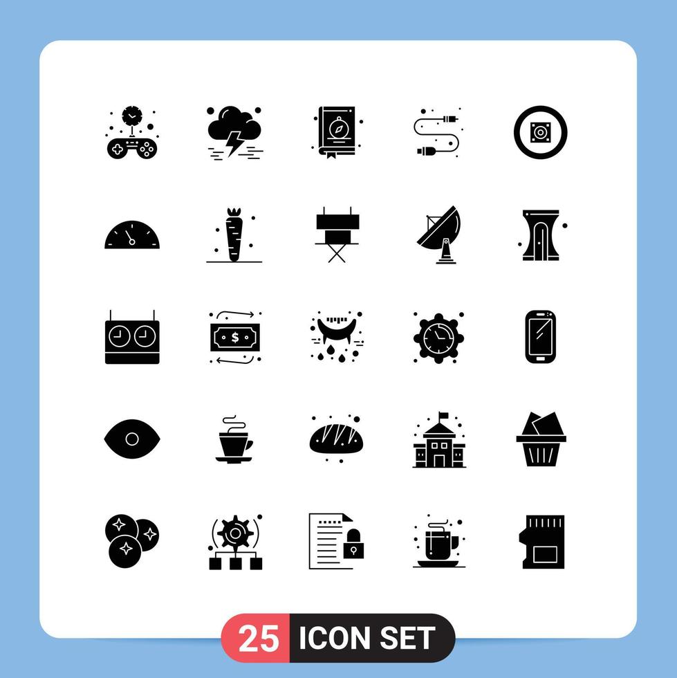 Group of 25 Solid Glyphs Signs and Symbols for music wire compass usb cable Editable Vector Design Elements