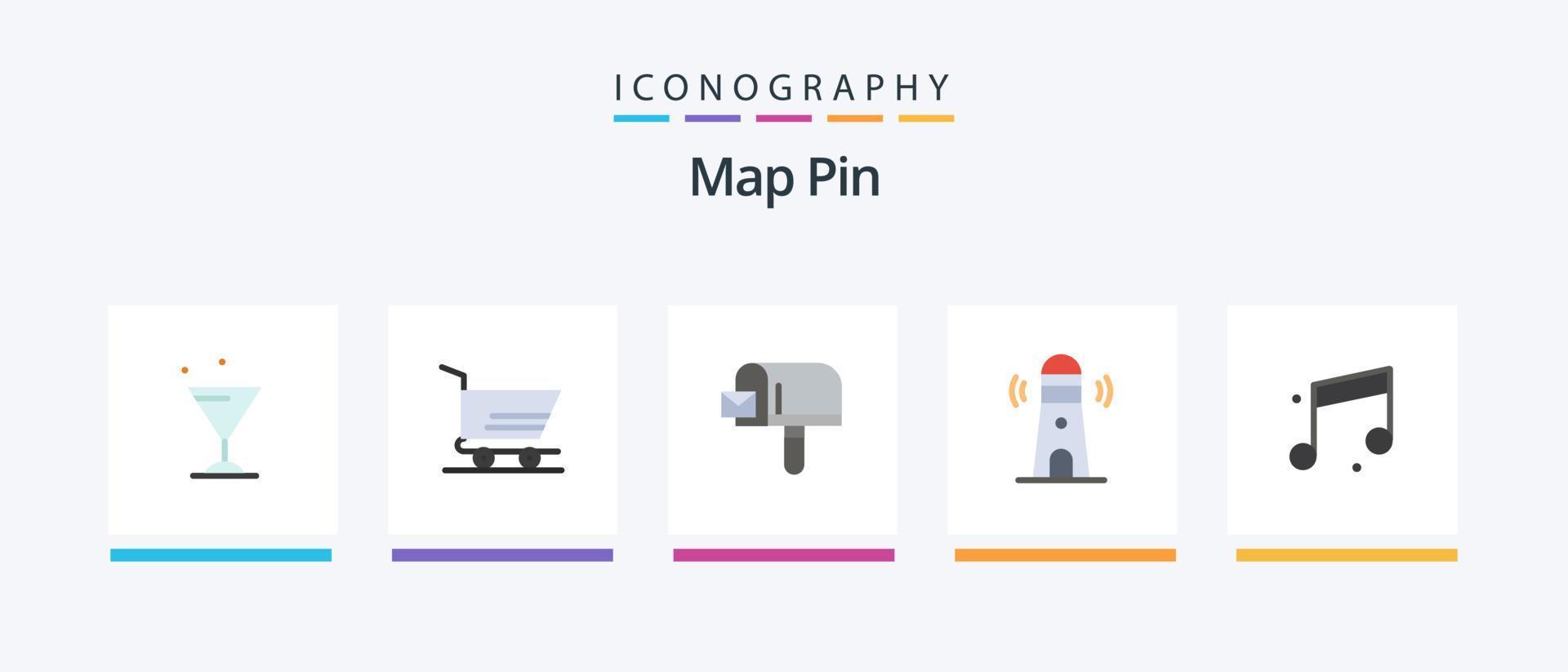 Map Pin Flat 5 Icon Pack Including . sound. shopping. music. tower. Creative Icons Design vector